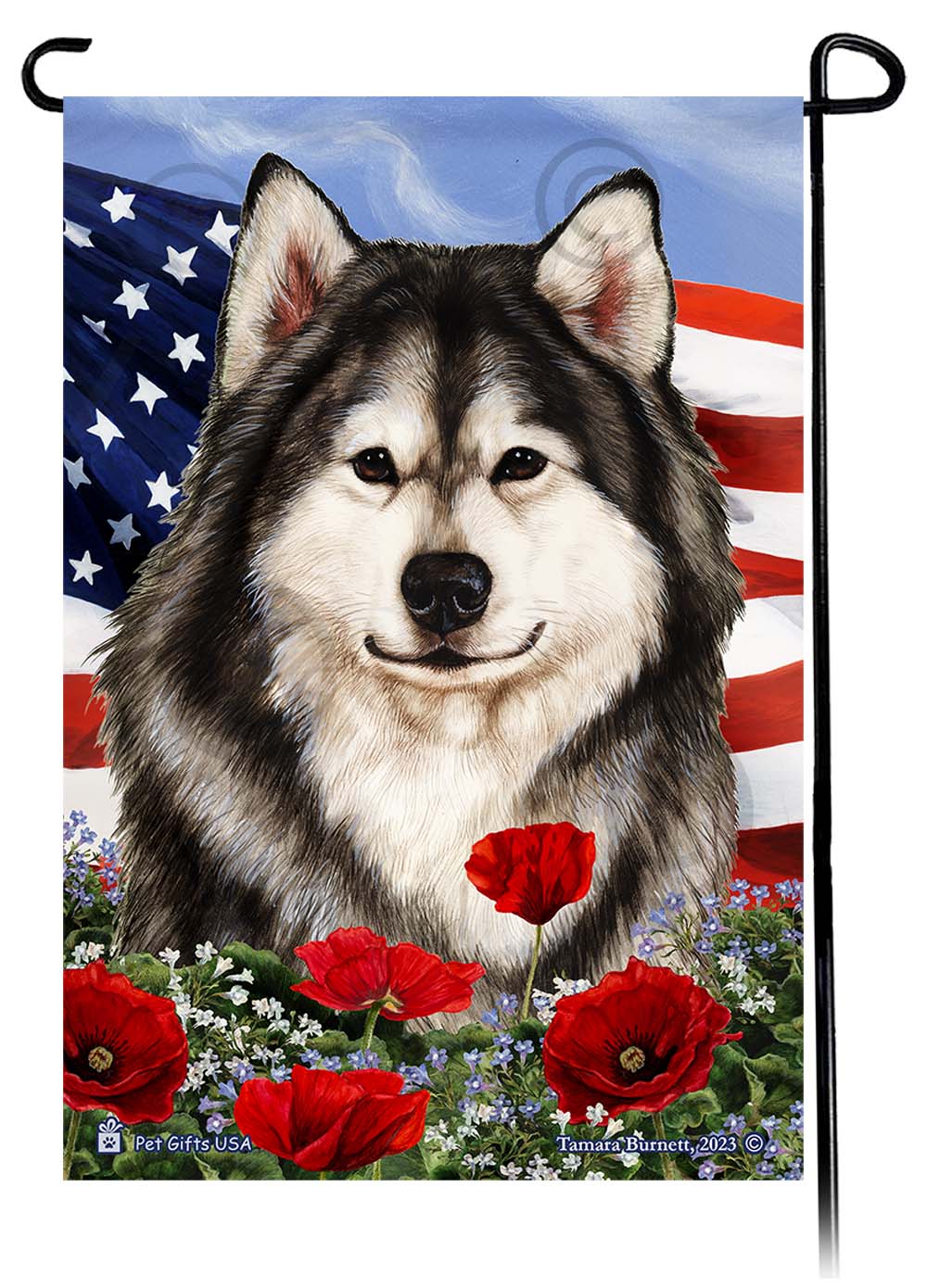 Alaskan Malamute Patriotic Flowers Garden Flags