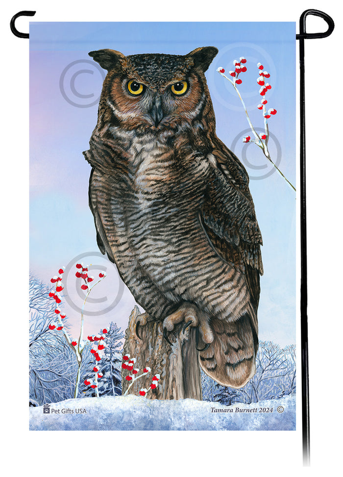 Great Horned Owl Winterberries Garden Flags