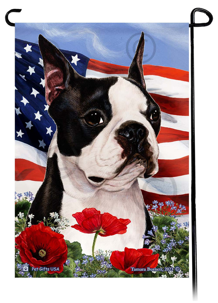 Boston Terrier Patriotic Flowers Garden Flags