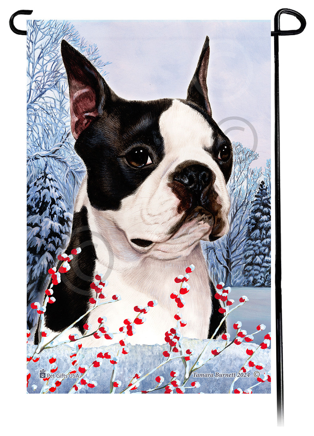 Boston Terrier Winterberries Garden Flags