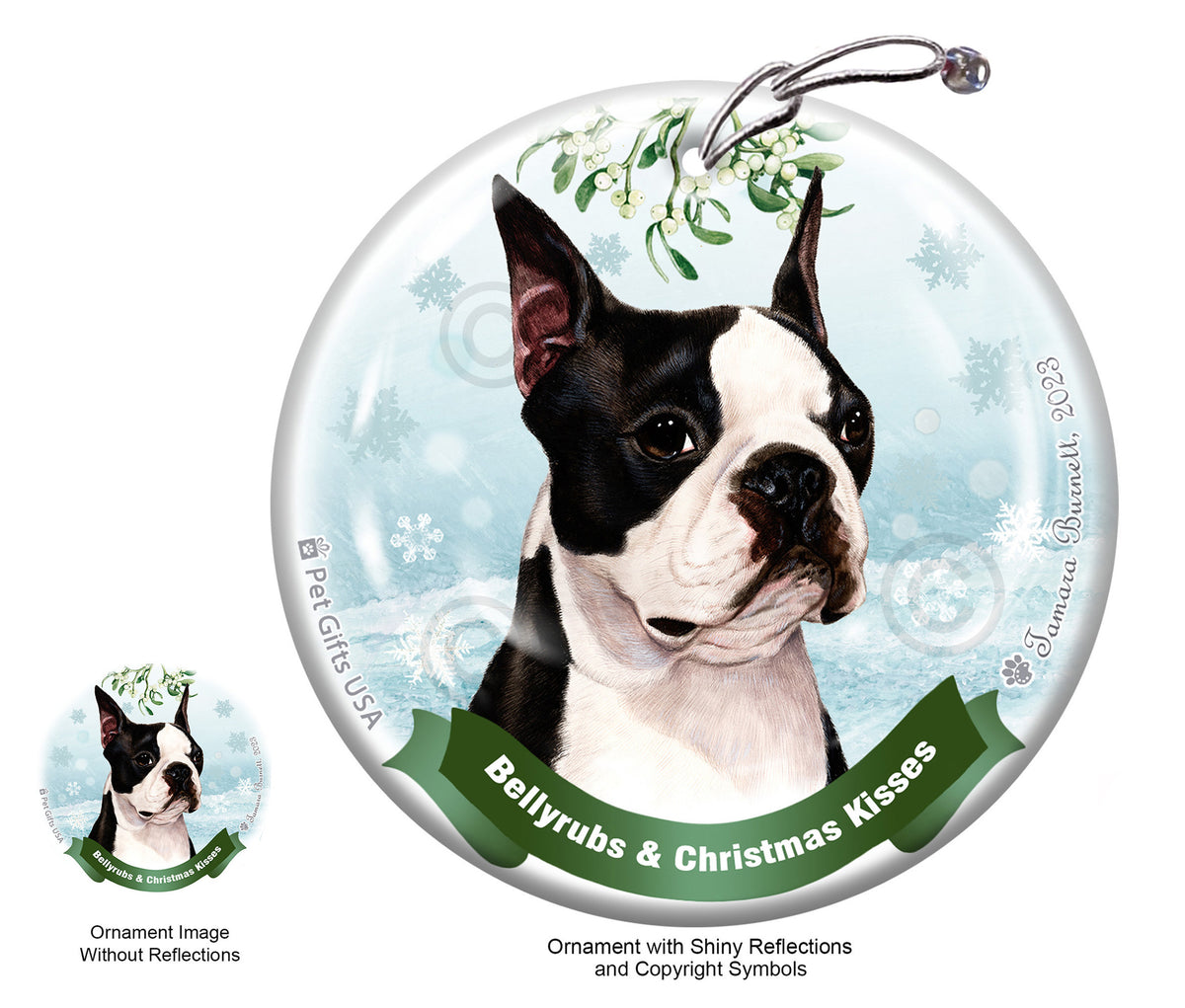 Boston Terrier Bellyrubs and Christmas Kisses Ornament