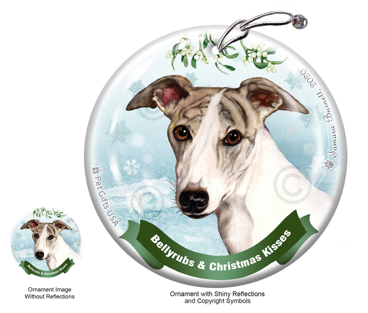 Whippet Fawn Brindle and White Ornament