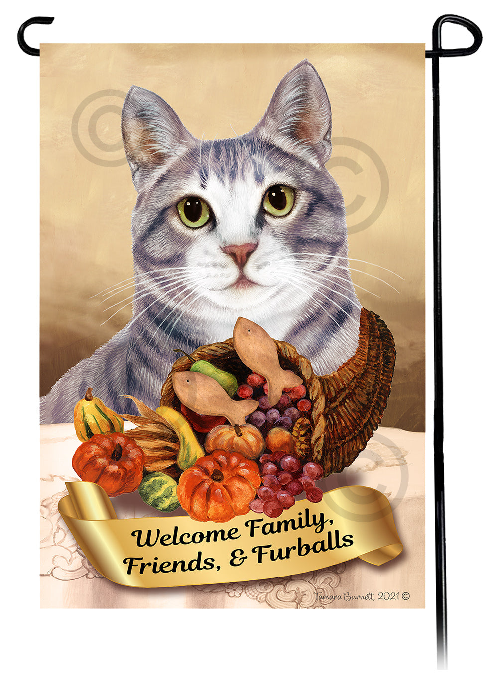 Black & White Shorthair Cat Thanksgiving - Garden Flag