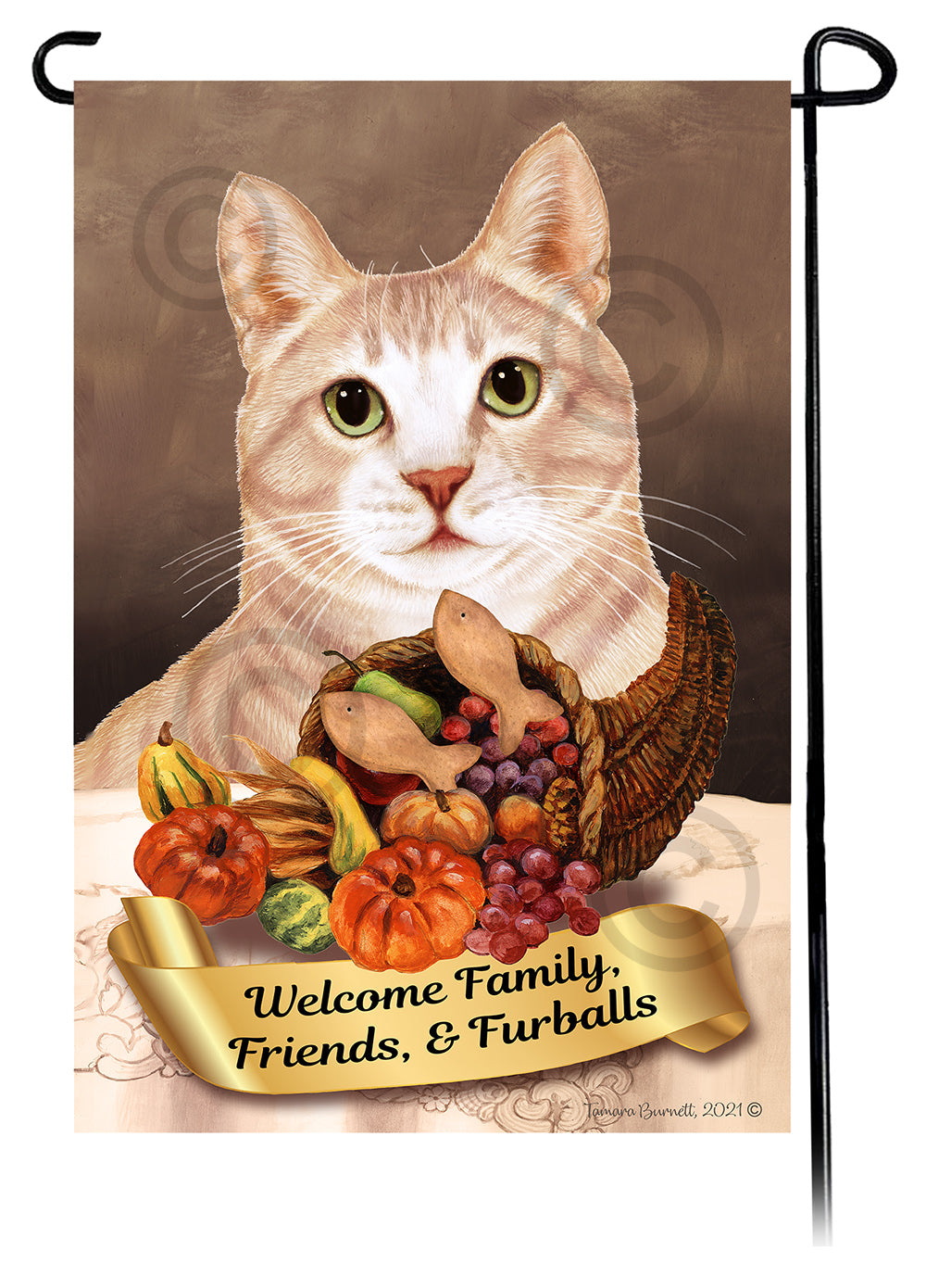 Black & White Shorthair Cat Thanksgiving - Garden Flag