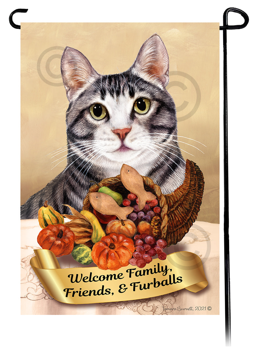 Black & White Shorthair Cat Thanksgiving - Garden Flag