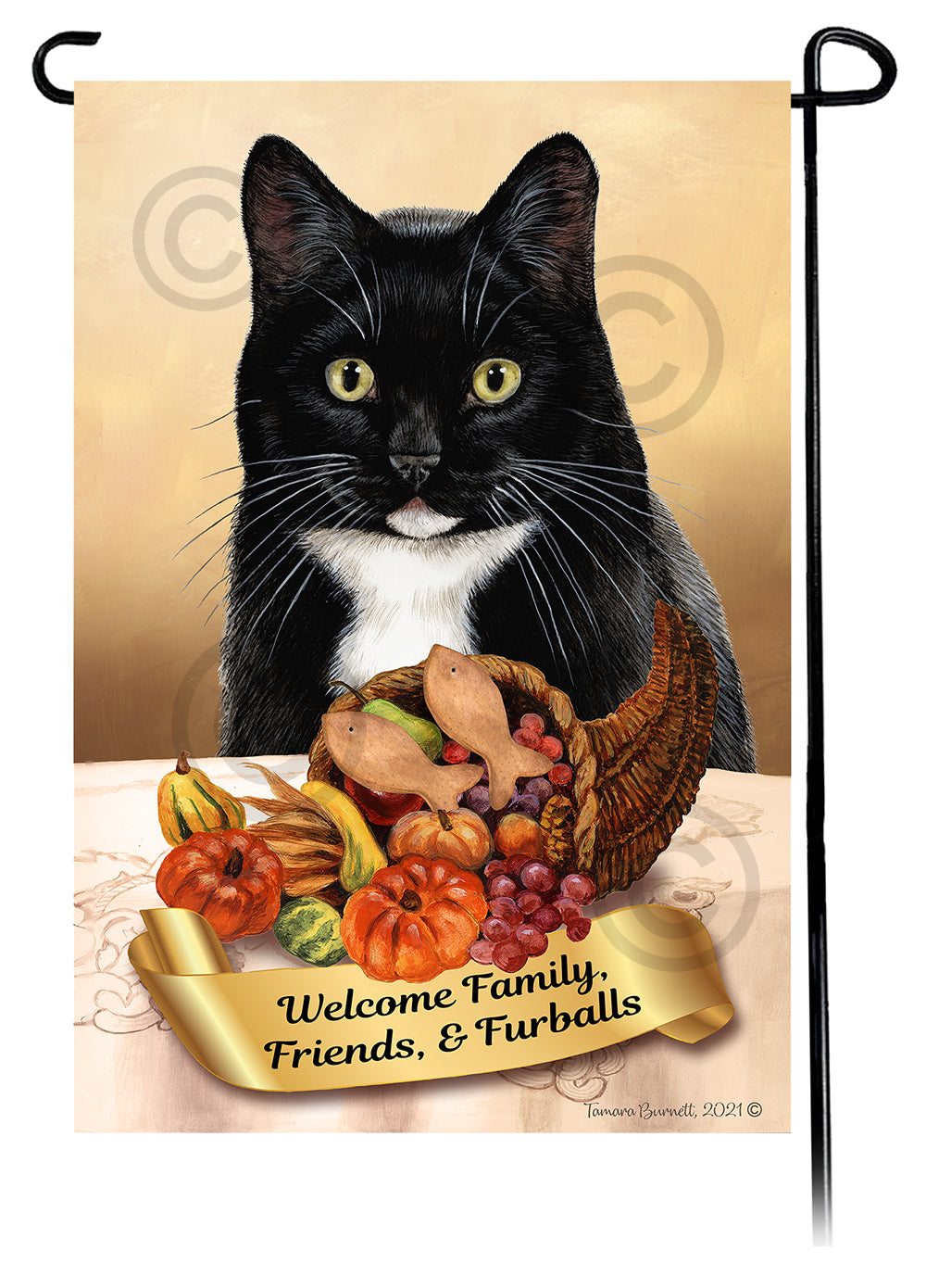 Black & White Shorthair Cat Thanksgiving - Garden Flag