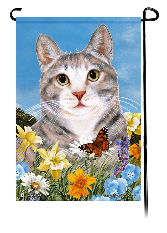 Blue & White Shorthair Cat Summer Flowers Garden Flags