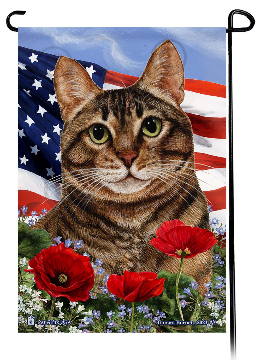 Tabby Cat Patriotic Flowers Garden Flags