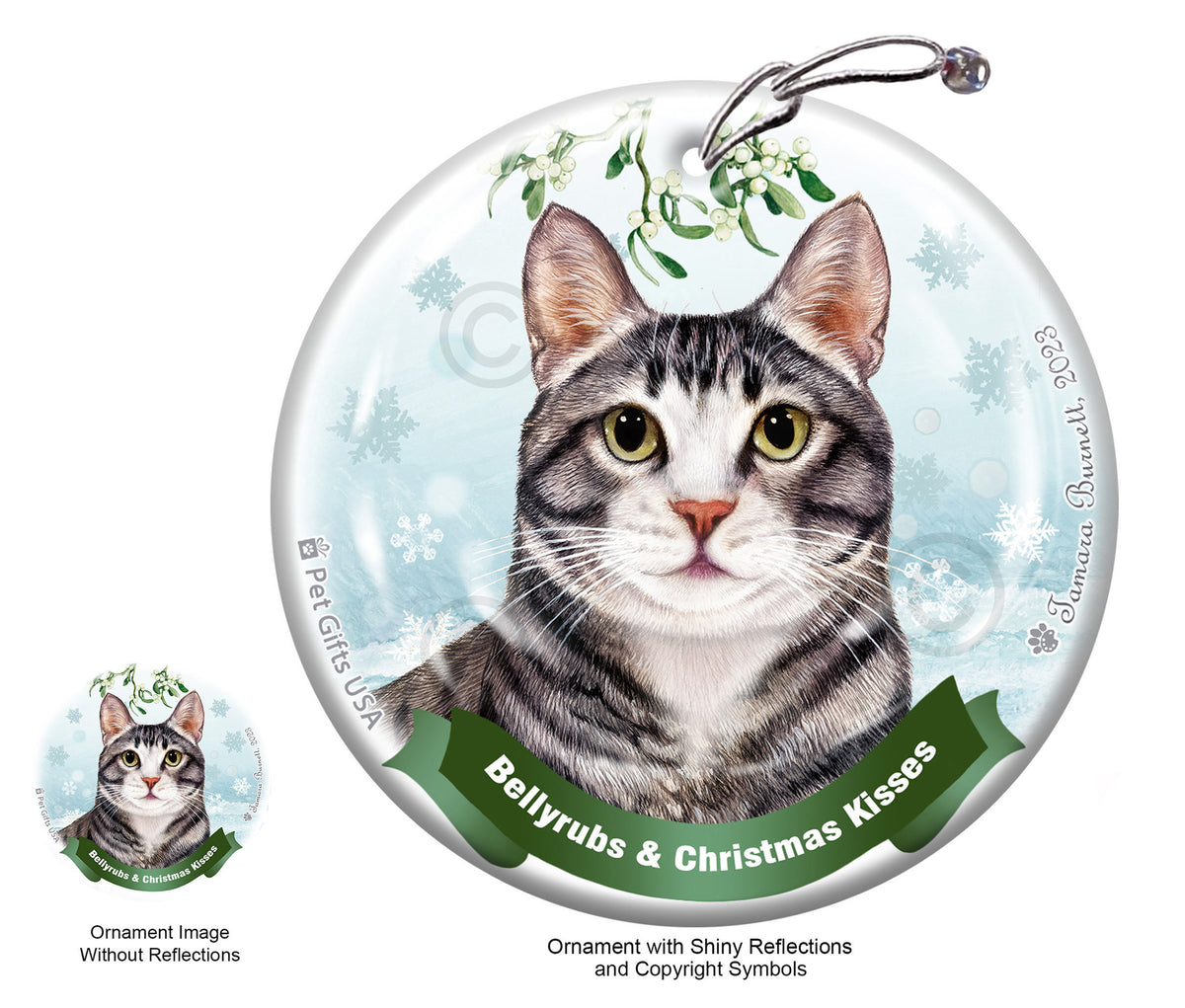 Tuxedo Silver and White Bellyrubs and Christmas Kisses Ornament