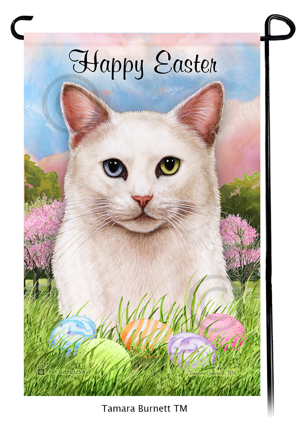 White Shorthair Cat Happy Easter - Garden Flag