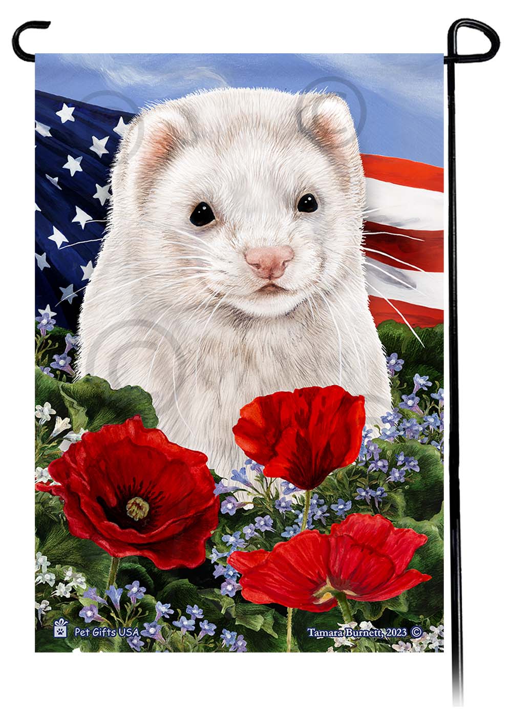 Dark Eyed White Ferret Patriotic Flowers Garden Flags