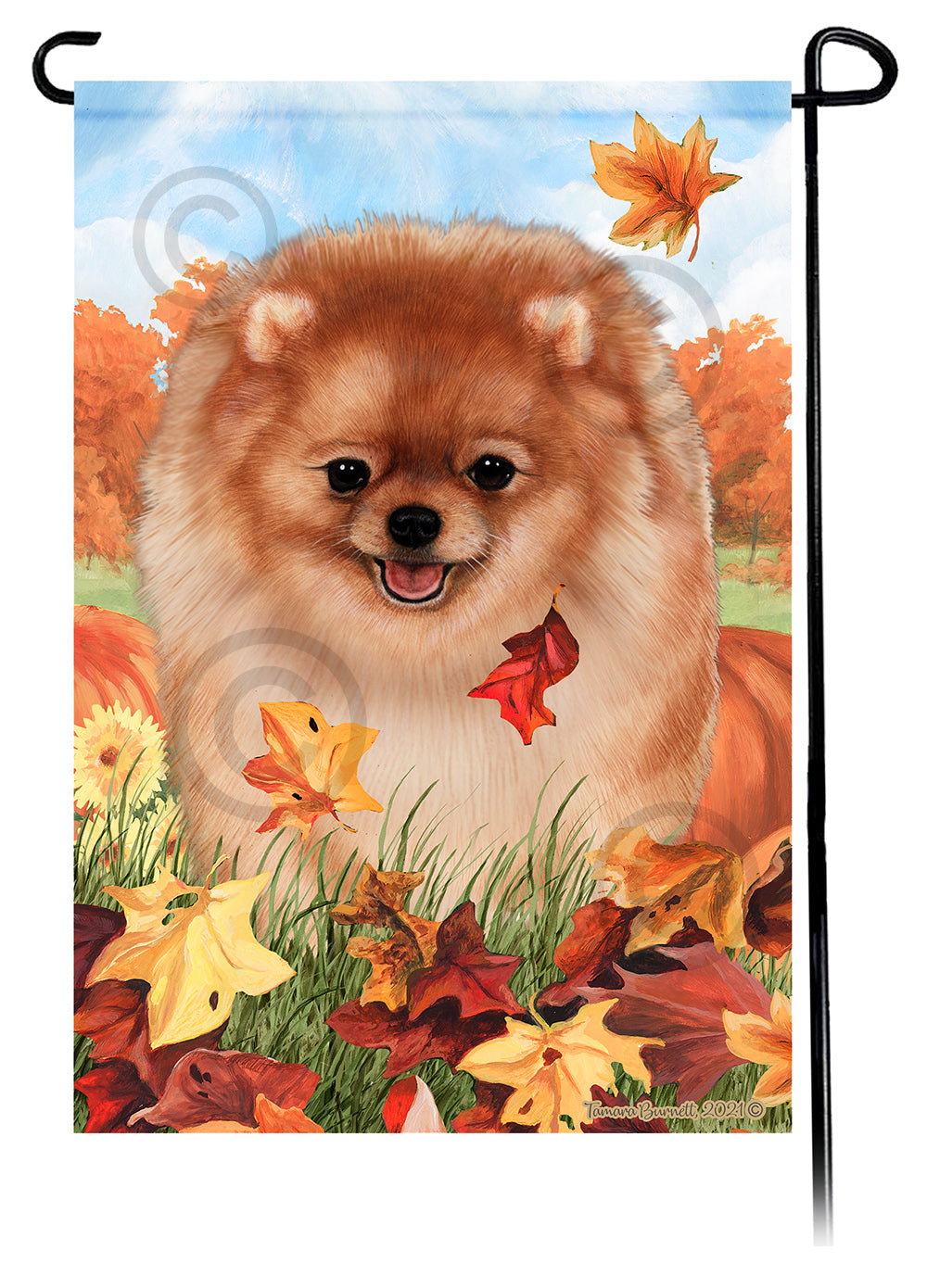Pomeranian Falling Leaves - Garden Flag