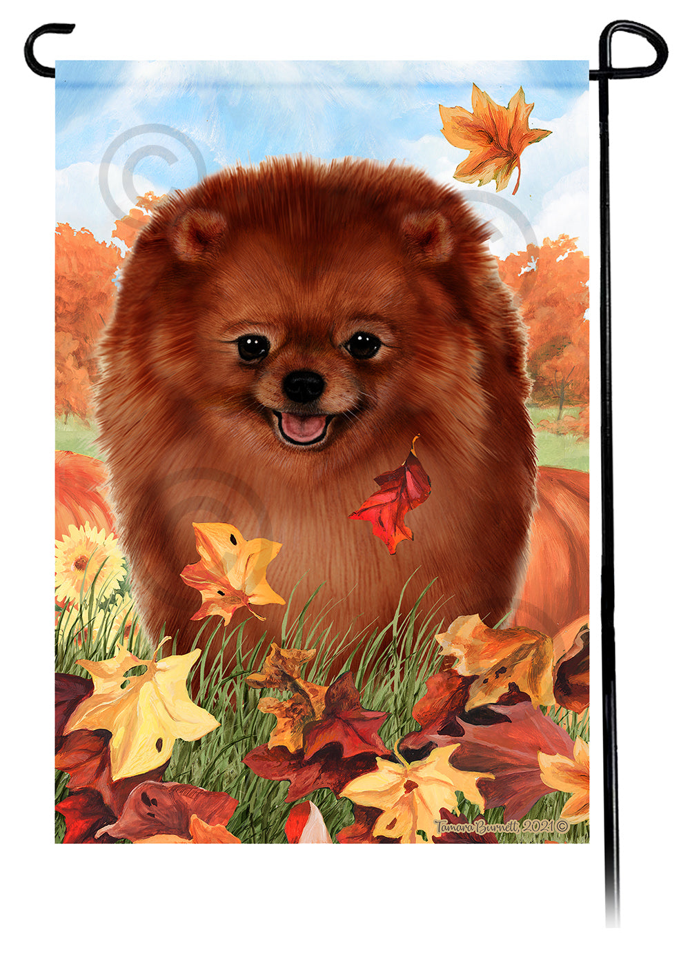 Pomeranian Falling Leaves - Garden Flag