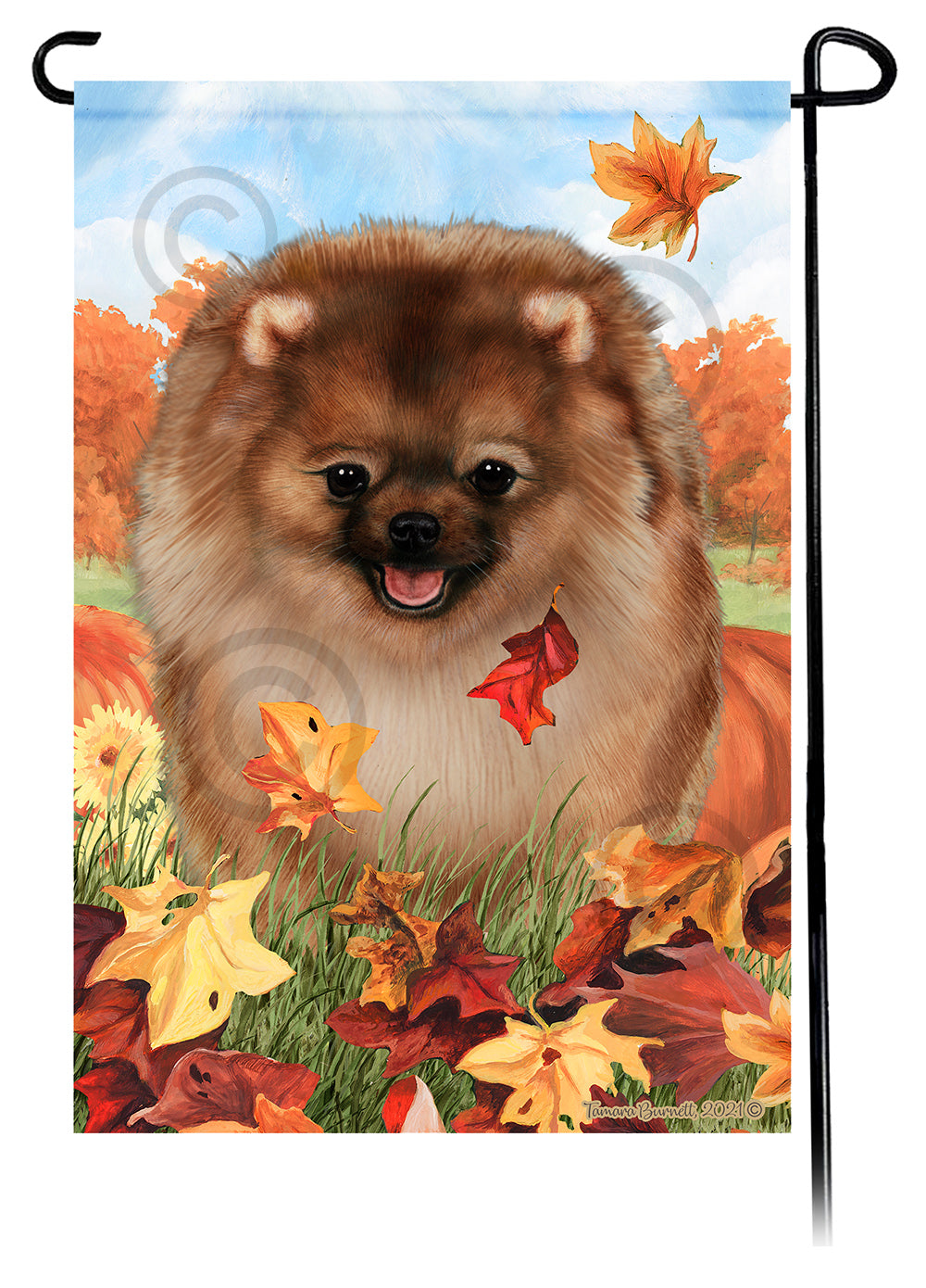Pomeranian Falling Leaves - Garden Flag