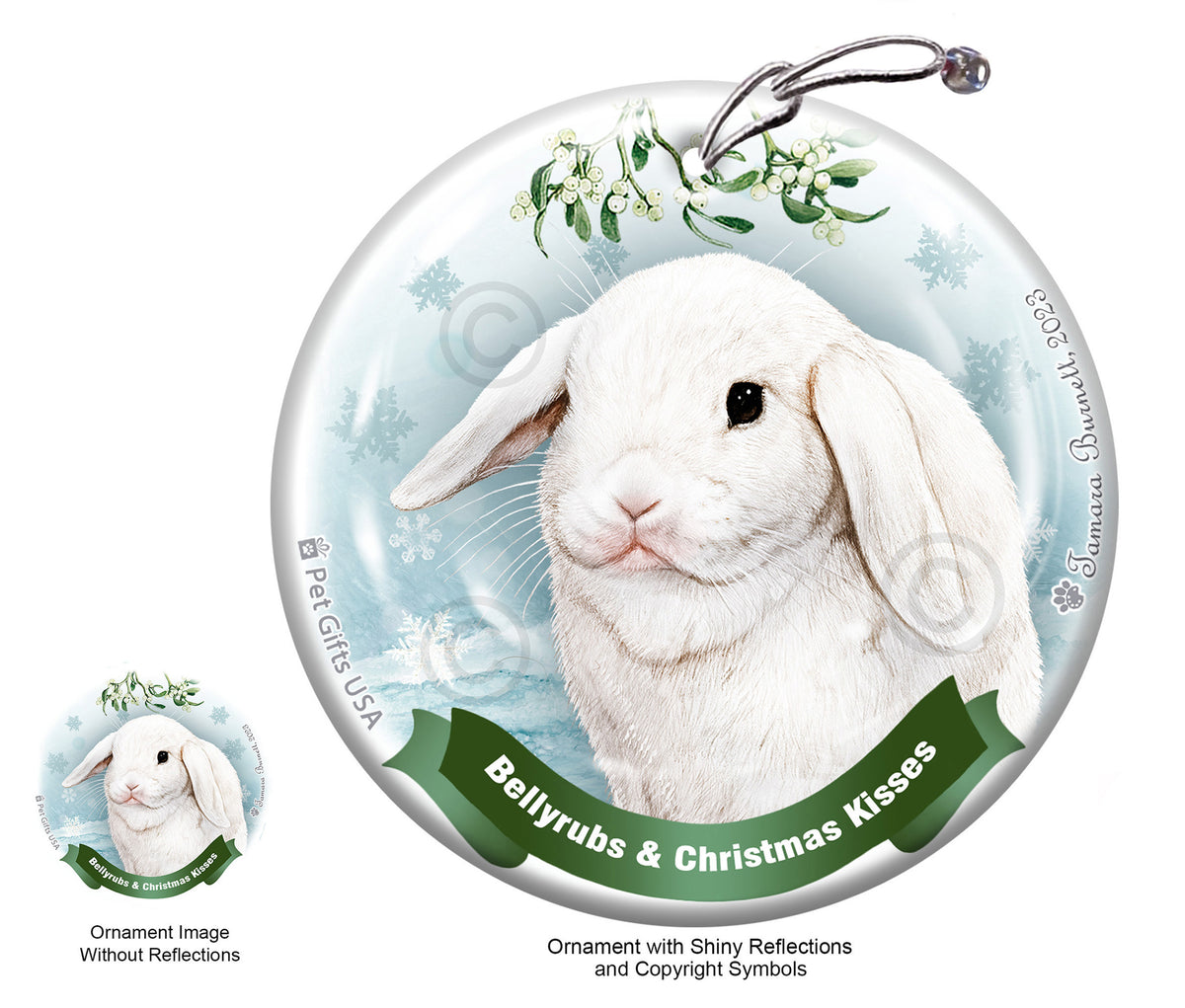 Rabbit Mini Lop White Bellyrubs and Christmas Kisses Ornament