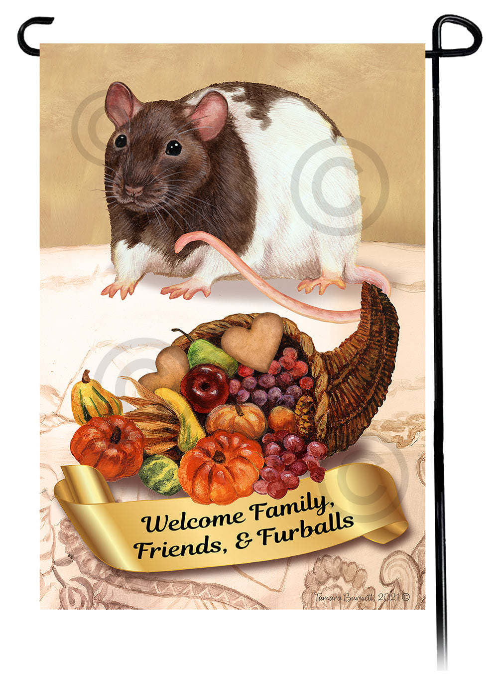 Black & White Shorthair Cat Thanksgiving - Garden Flag
