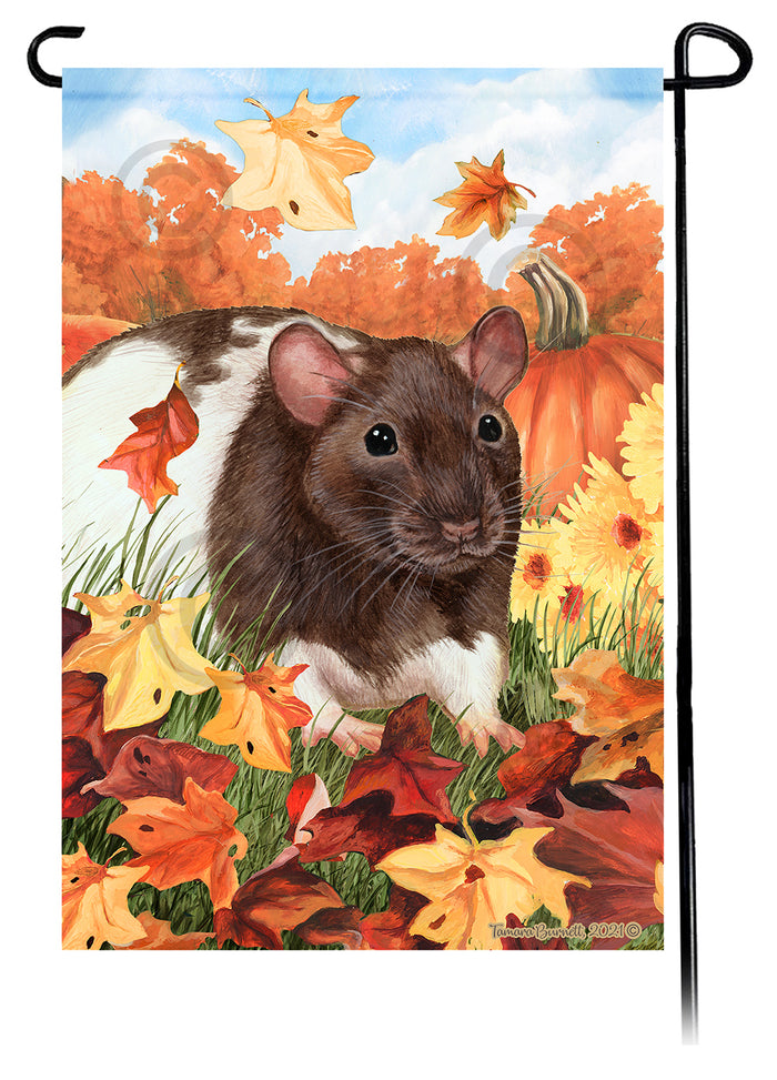 Chocolate & White Hooded Rat Falling Leaves Garden Flags