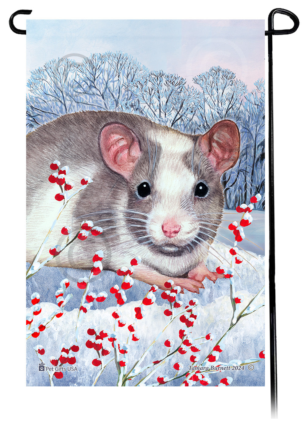 Grey & White Pied Rat Winterberries Garden Flags
