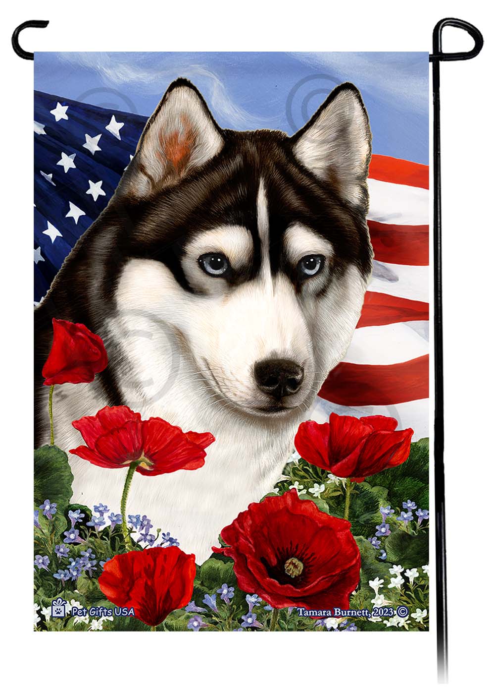 Siberian Husky Patriotic Flowers Garden Flags