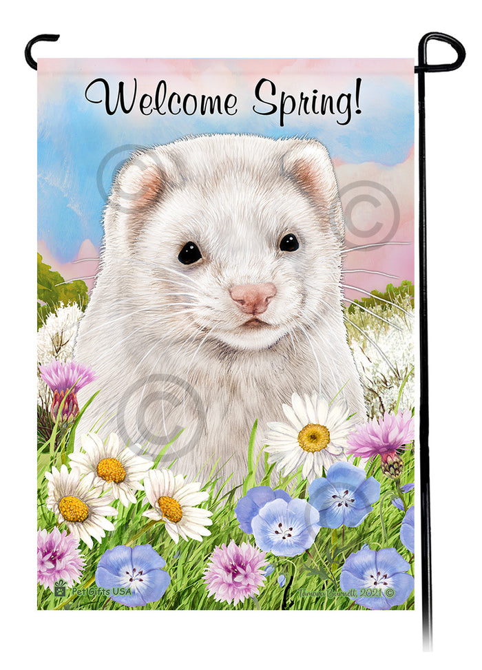 Dark Eyed White Ferret Welcome Spring Garden Flags
