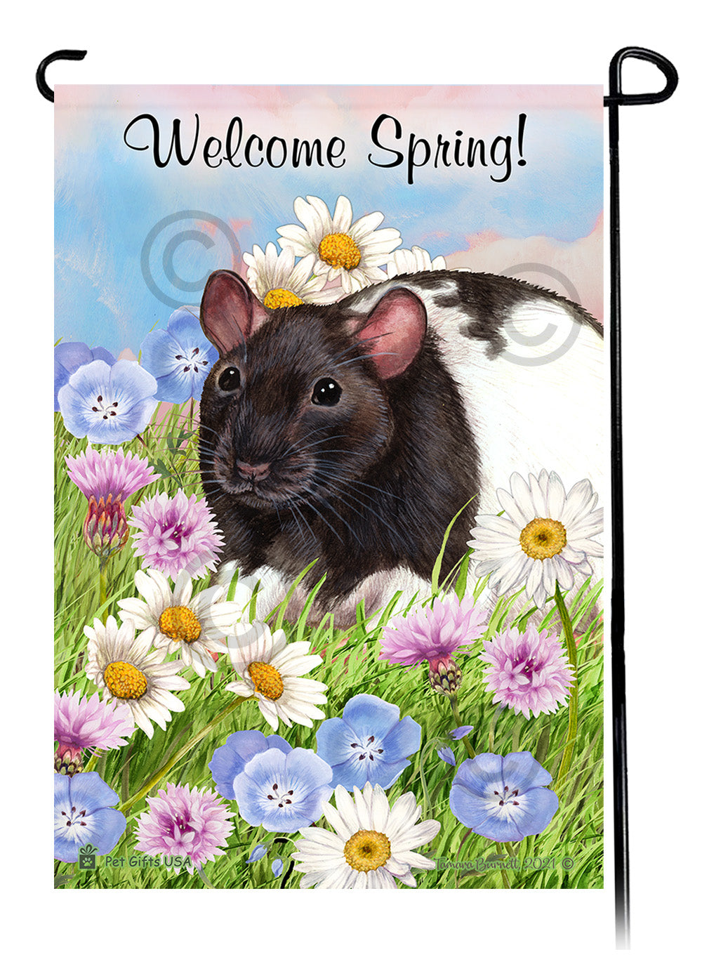 Black & White Hooded Rat Welcome Spring Garden Flags