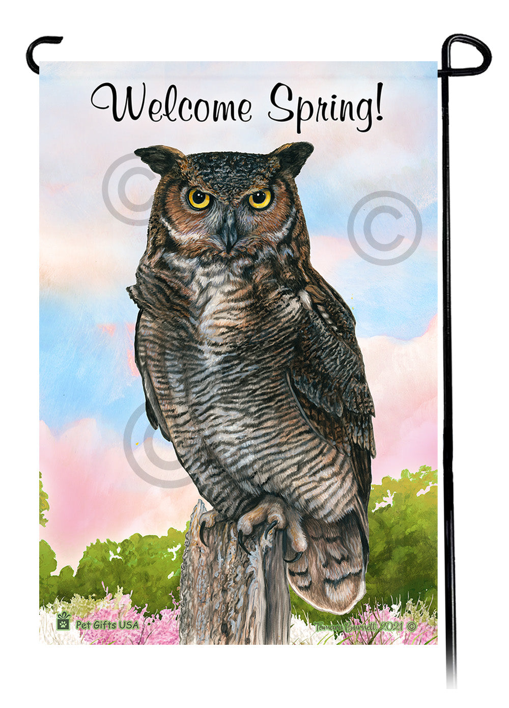 Great Horned Owl Welcome Spring Garden Flags
