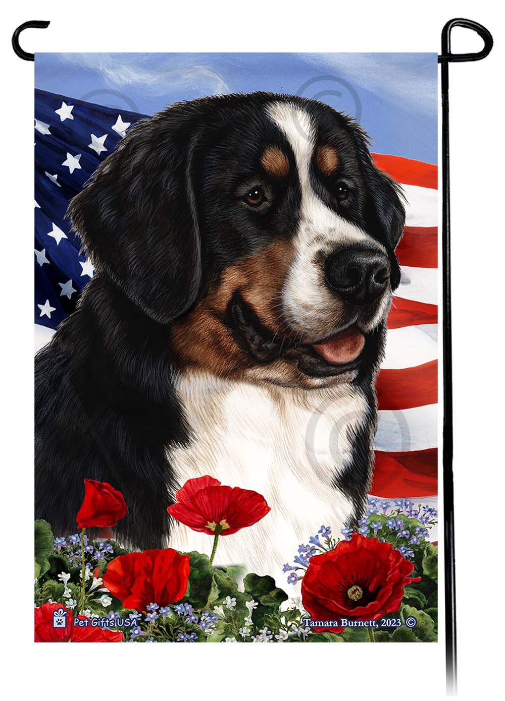 Bernese Mountain Dog Patriotic Flowers Garden Flags