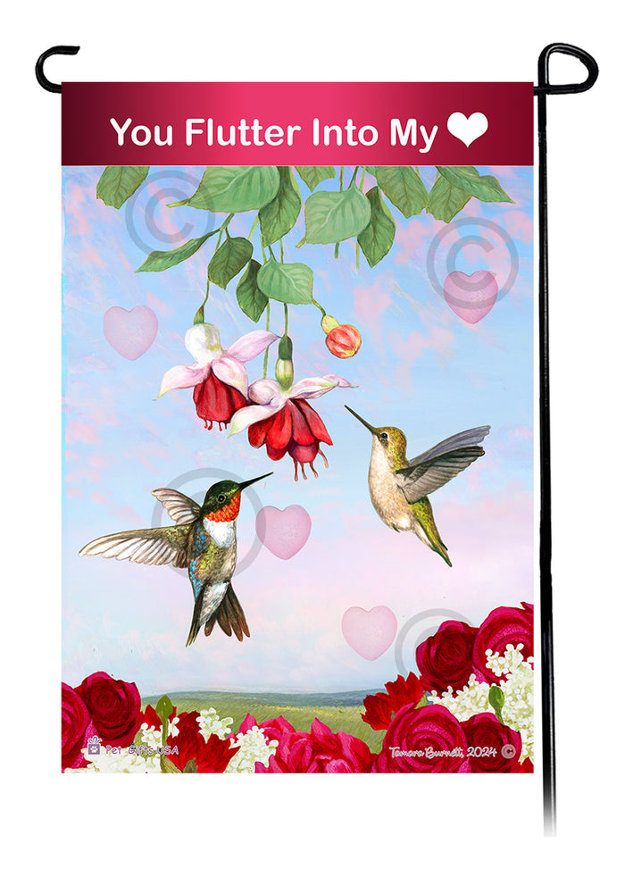 Ruby Throated Hummingbird Valentine Sweetheart Garden Flags