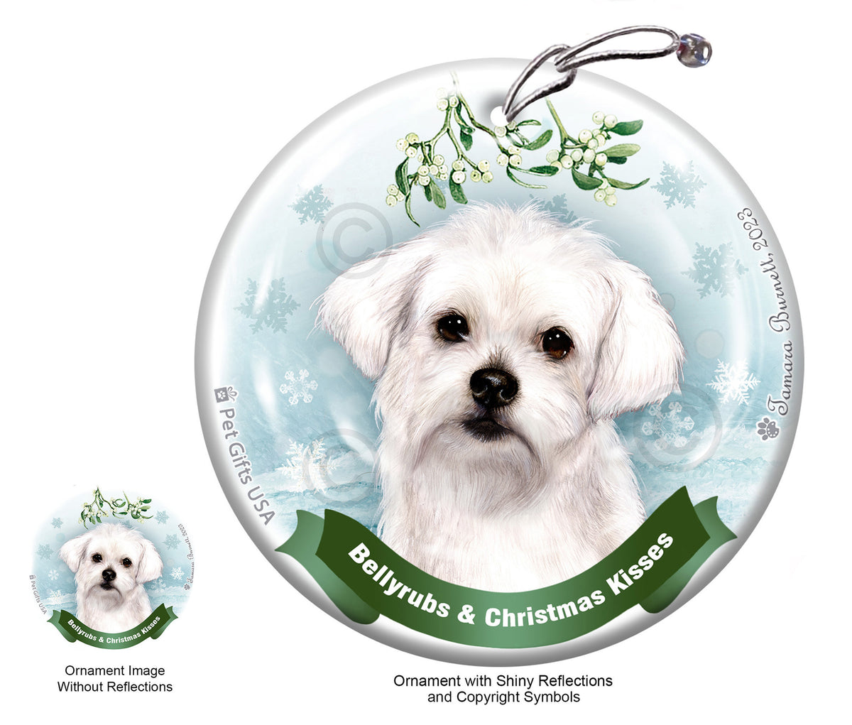 Maltese Puppy Cut Bellyrubs and Christmas Kisses Ornament