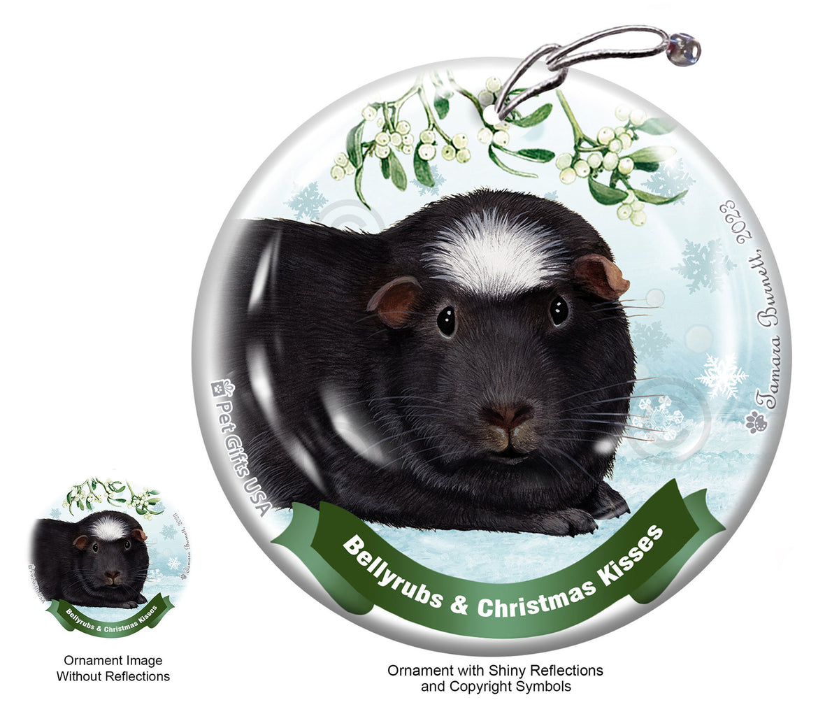 Guinea Pig Black and White Crested Bellyrubs and Christmas Kisses Ornament