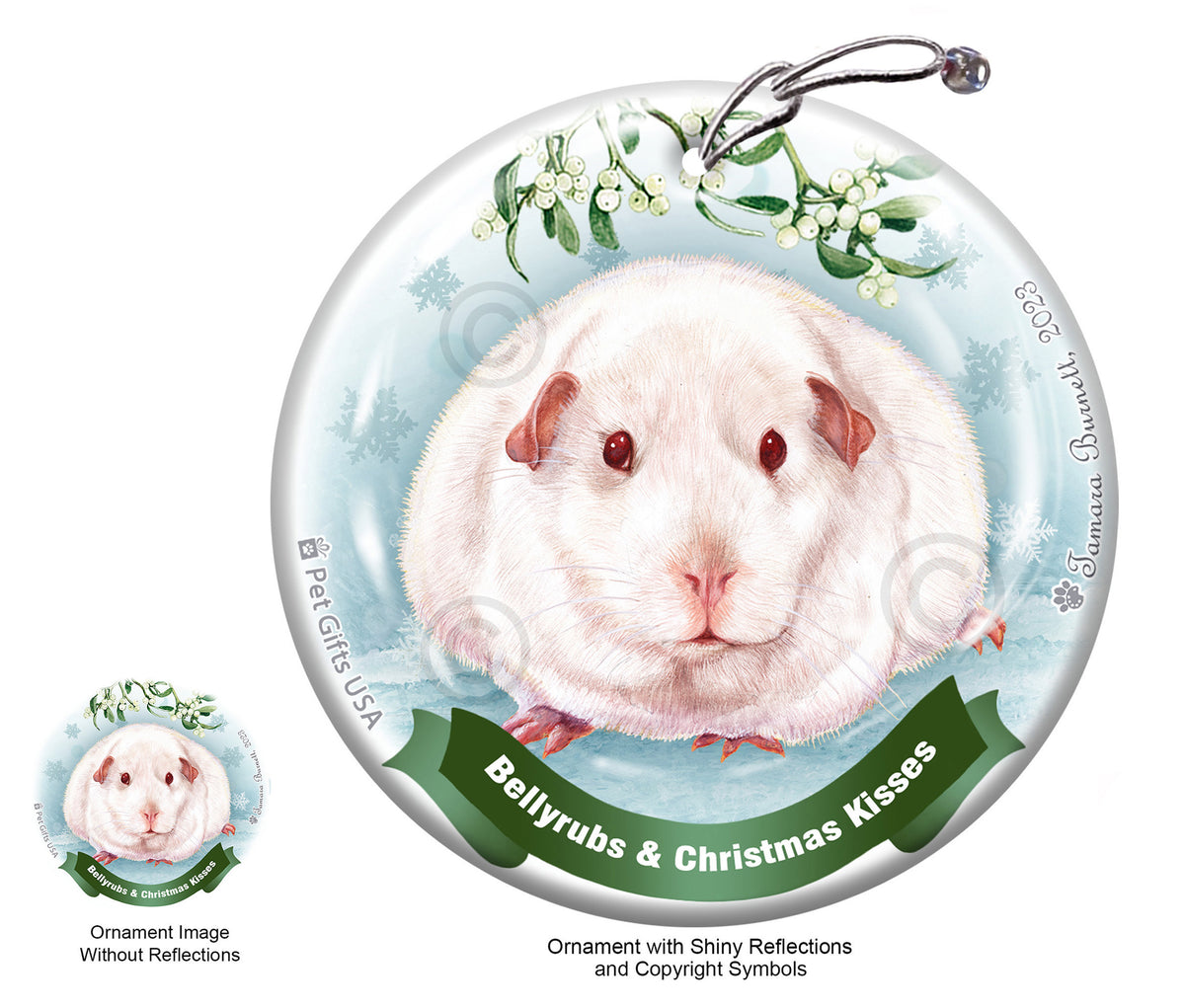 Guinea Pig Pink Eyed White Bellyrubs and Christmas Kisses Ornament