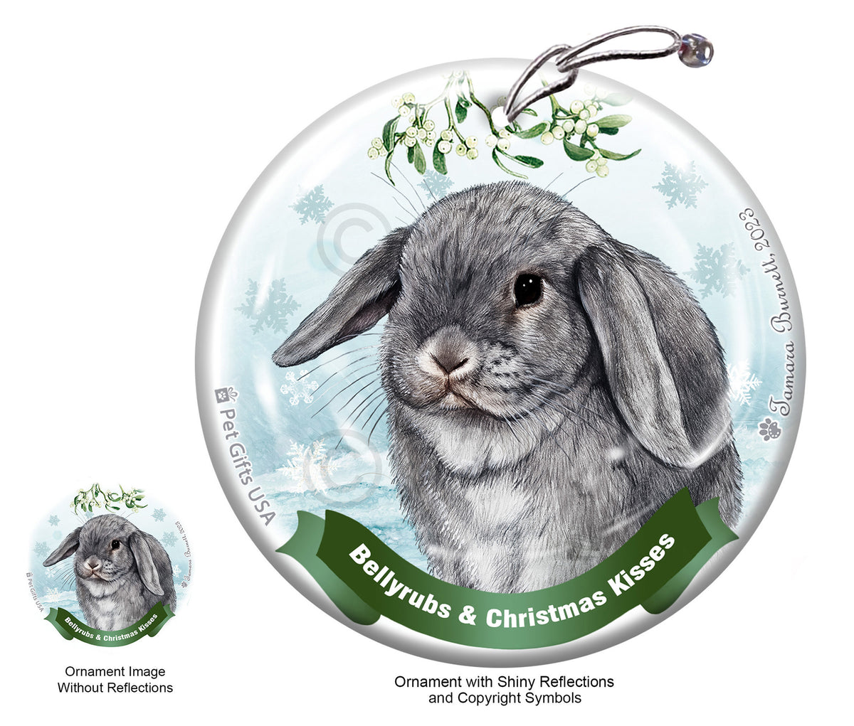 Rabbit Mini Lop Chinchilla Bellyrubs and Christmas Kisses Ornament