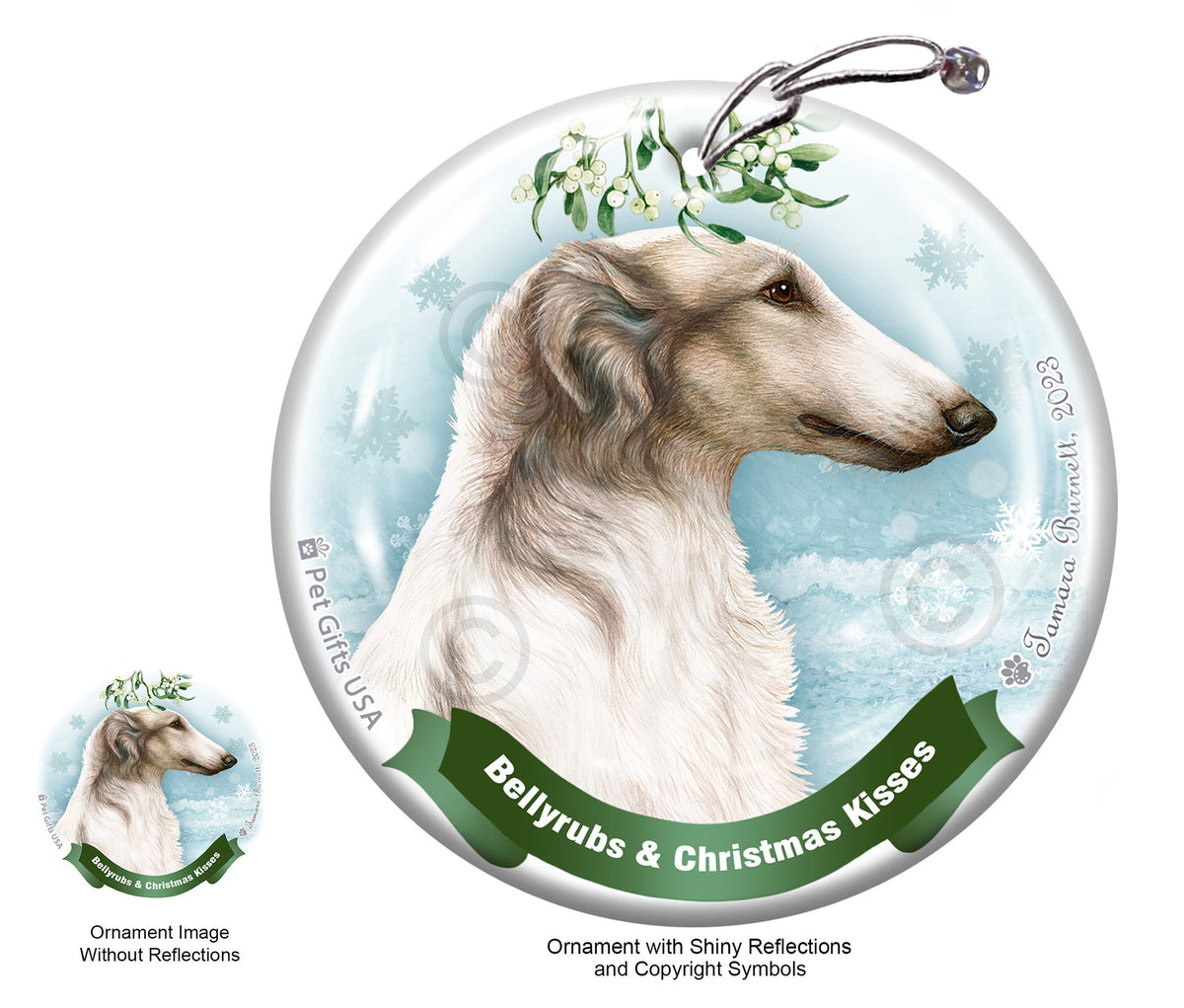 Borzoi White/Grey Bellyrubs and Christmas Kisses Ornament