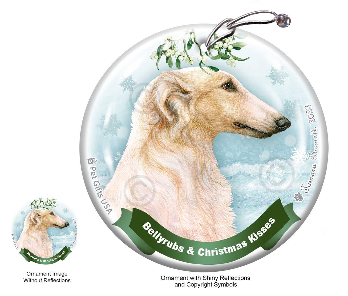 Borzoi White/Lemon Bellyrubs and Christmas Kisses Ornament