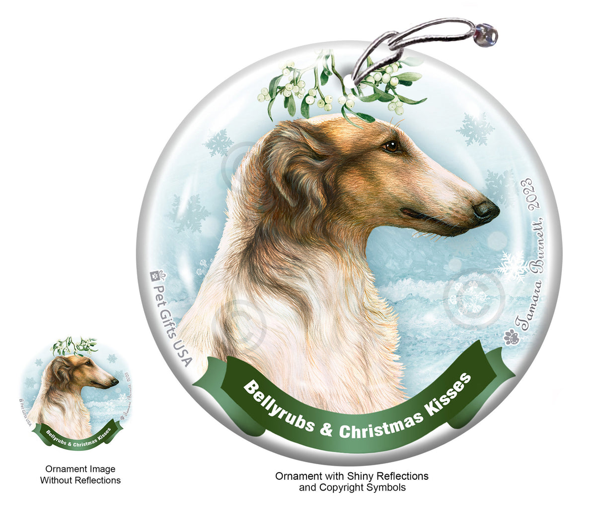 Borzoi White/Sable Bellyrubs and Christmas Kisses Ornament