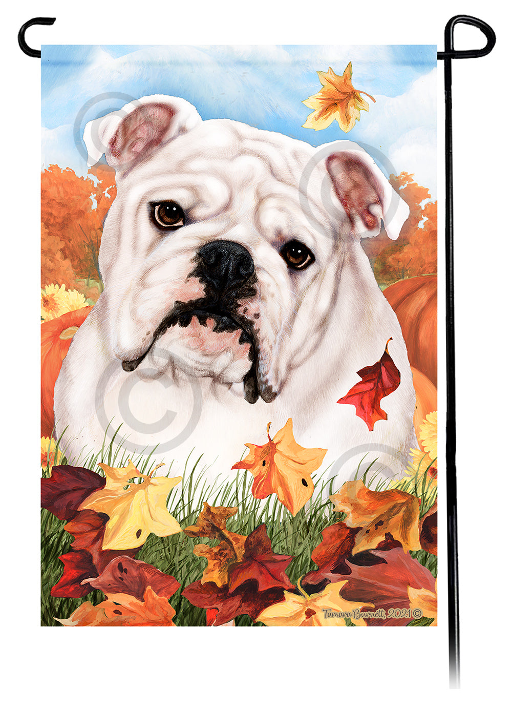 English Bulldog Falling Leaves - Garden Flag