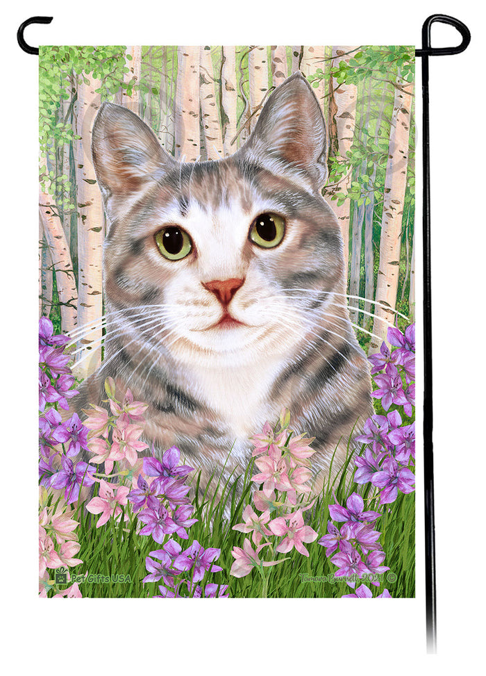 Blue & White Shorthair Cat Spring Flowers Garden Flags
