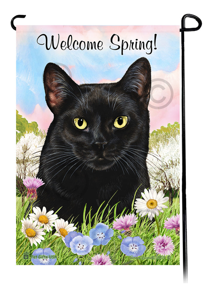 Black Shorthair Cat Welcome Spring Garden Flags