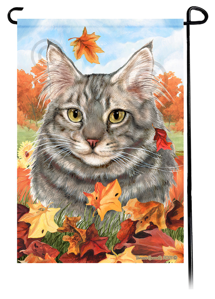 Maine Coon Cat Falling Leaves Garden Flags