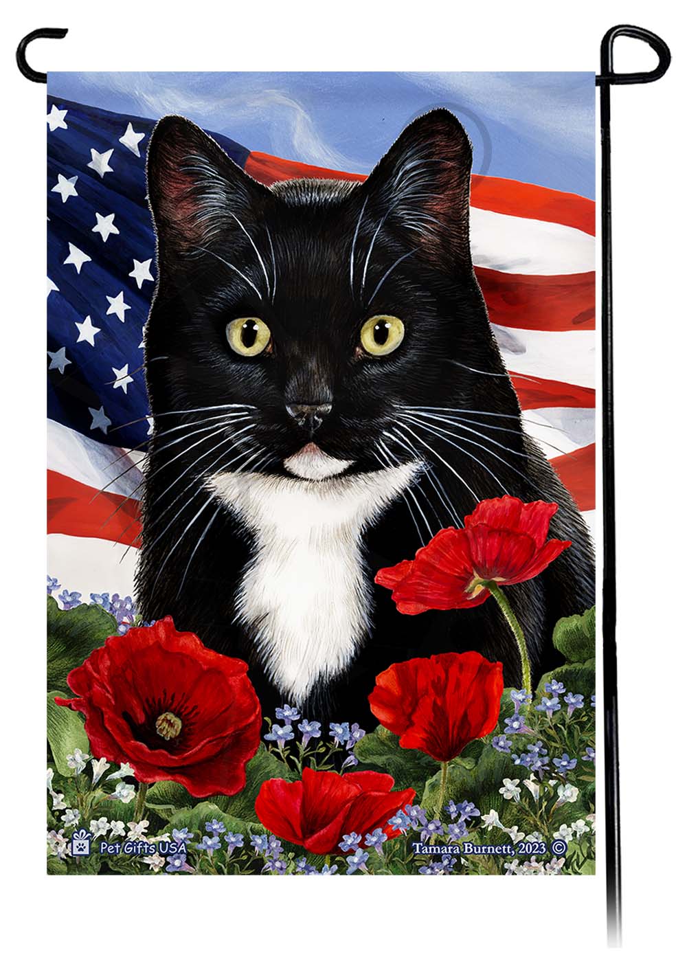 Tuxedo Cat Patriotic Flowers Garden Flags
