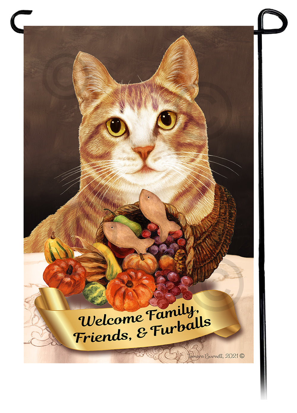 Black & White Shorthair Cat Thanksgiving - Garden Flag