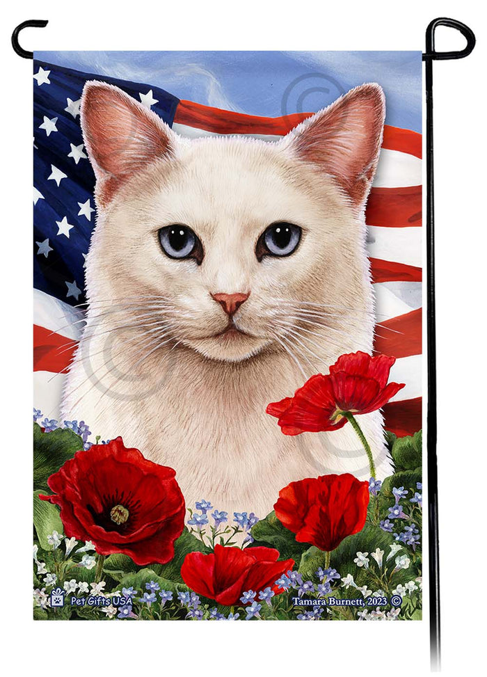 White Shorthair Cat Patriotic Flowers Garden Flags
