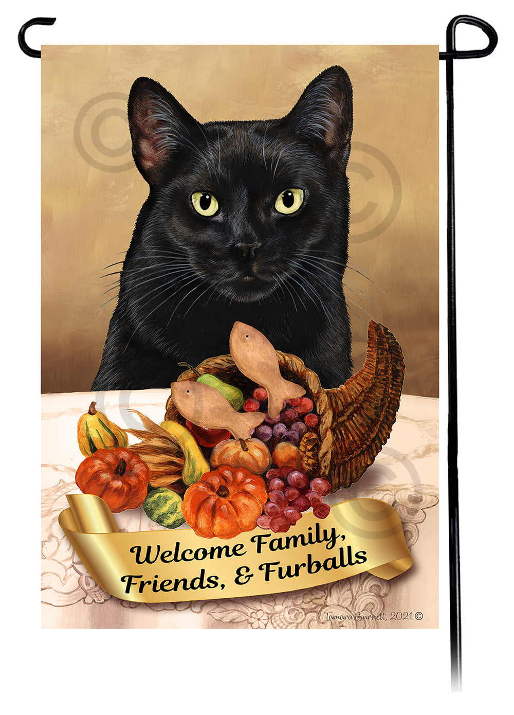 Black & White Shorthair Cat Thanksgiving - Garden Flag