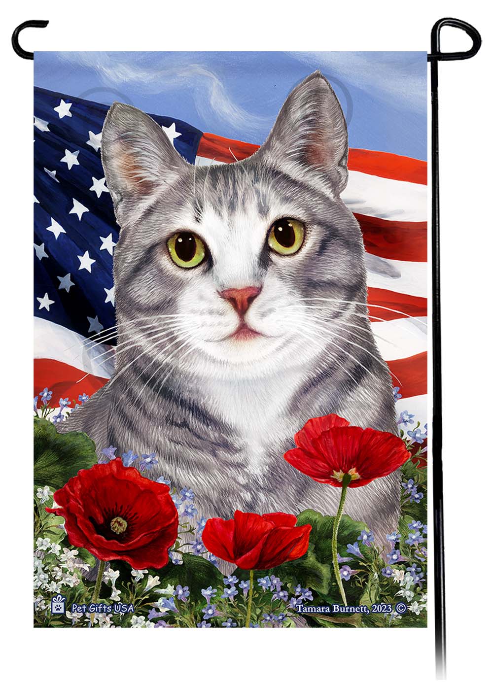 Tuxedo Cat Patriotic Flowers - Garden Flag