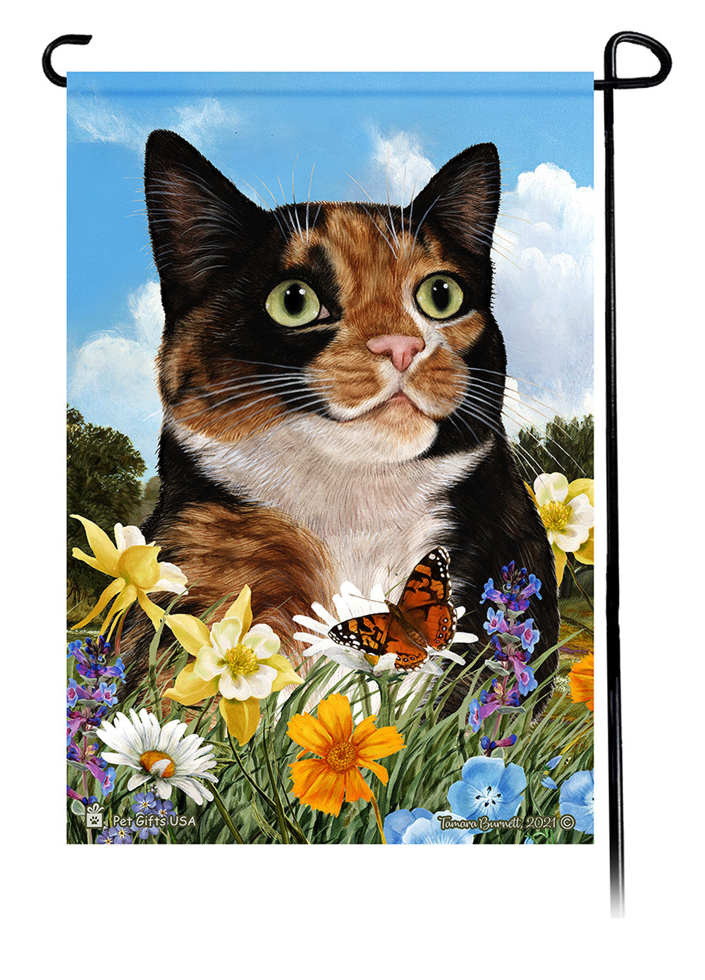 Tortoiseshell Cat Summer Flowers Garden Flags