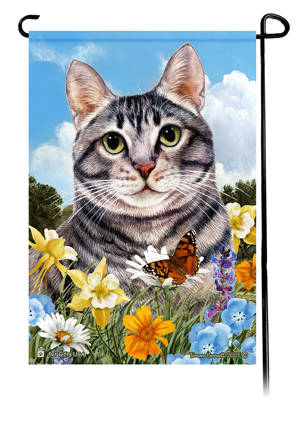 Tabby Cat Summer Flowers - Garden Flag