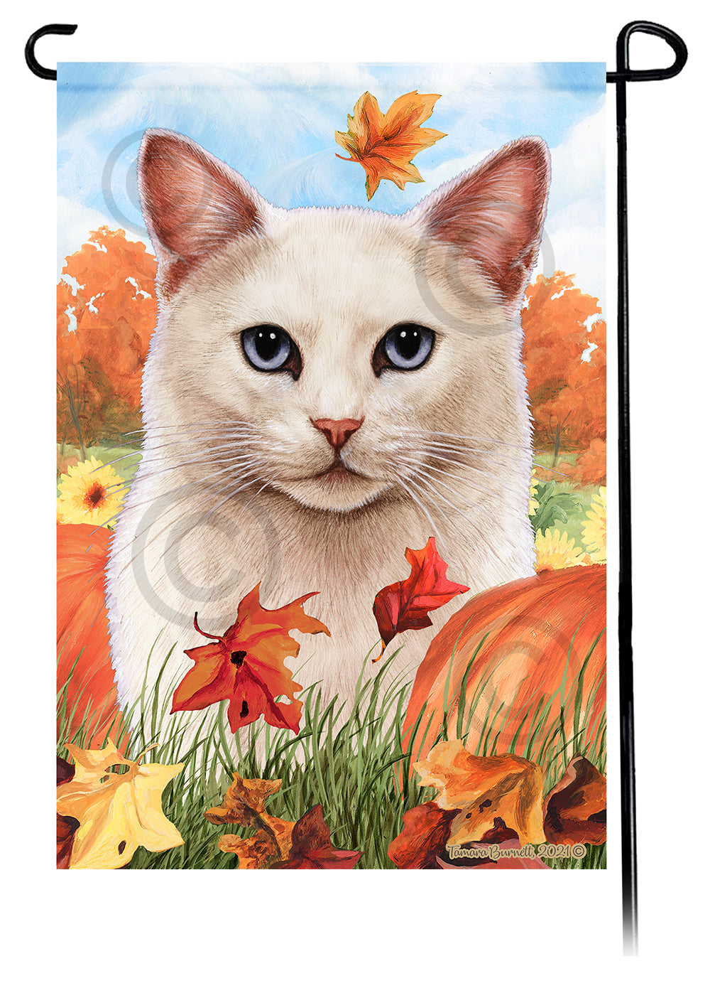 White Shorthair Cat Falling Leaves Garden Flags