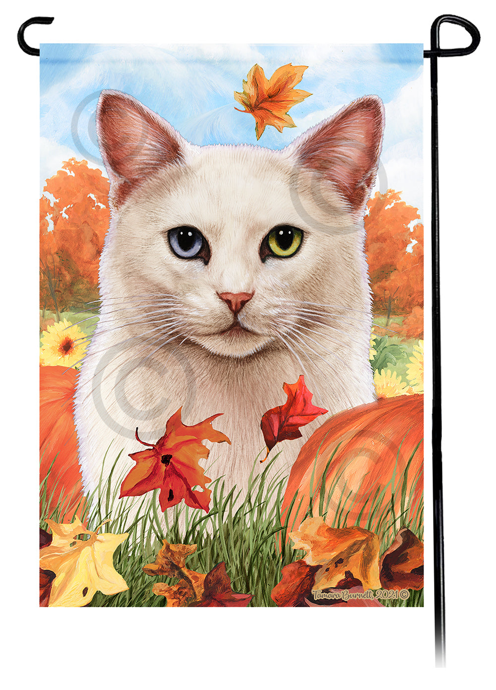 White Shorthair Cat Falling Leaves - Garden Flag