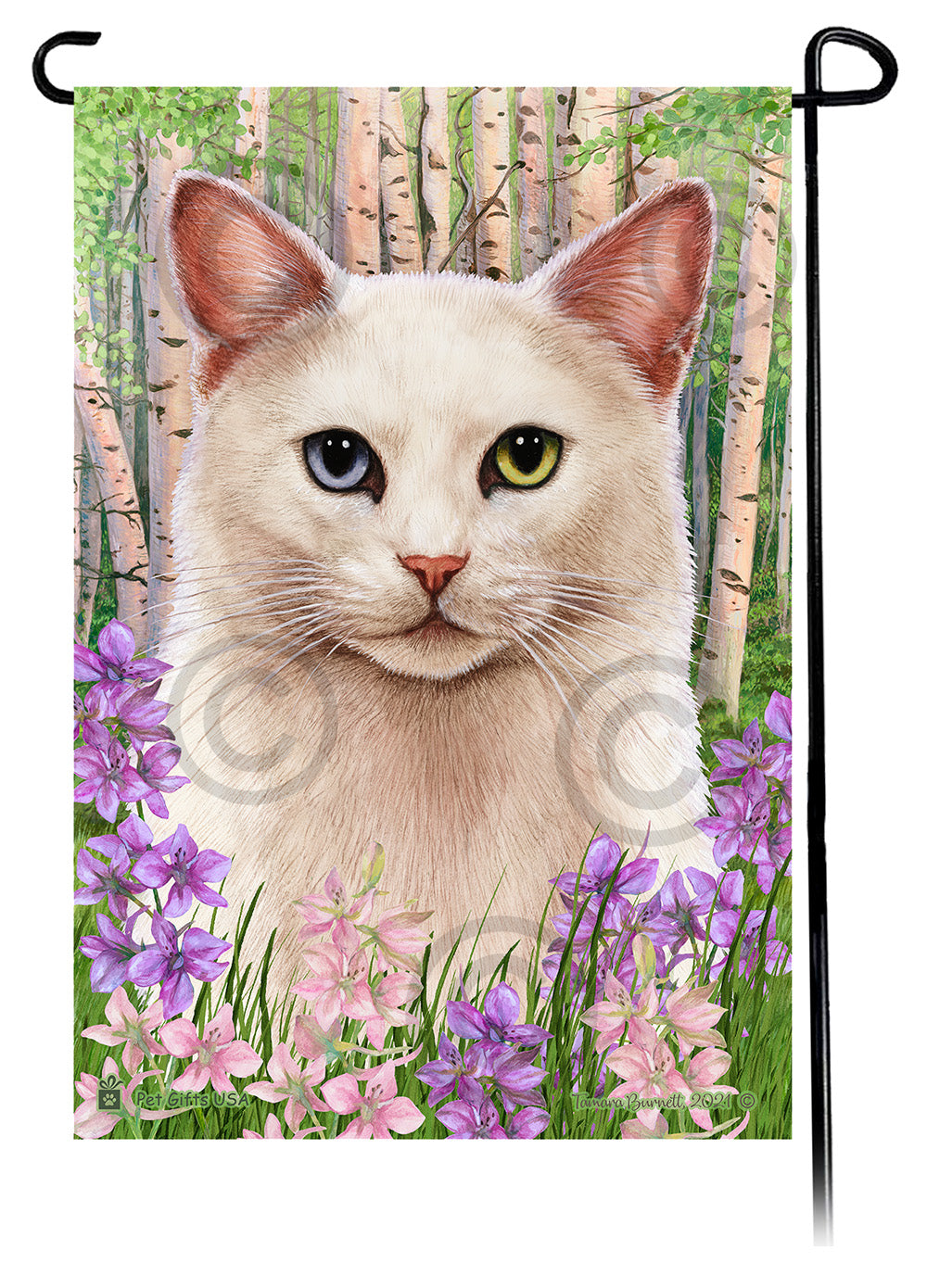 White Shorthair Cat Spring Flowers - Garden Flag
