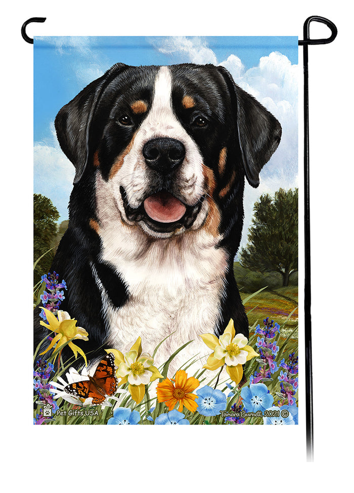 Greater Swiss Mountain Dog Summer Flowers Garden Flags